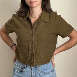 Vintage Olive Green Cropped Polo Shirt Linen Blend Size 4P / Small